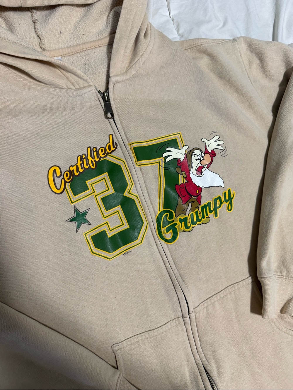 Mens Beige 'Certified 37 Grumpy' Zip Hoodie with Dwarf Graphic